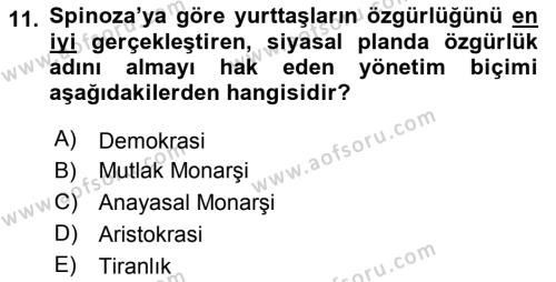 Siyasi Düşünceler Tarihi Dersi 2023 - 2024 Yılı Yaz Okulu Sınavı 11. Soru