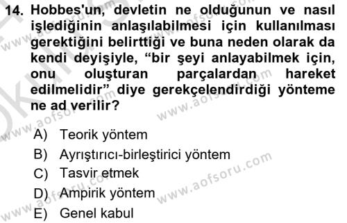 Siyasi Düşünceler Tarihi Dersi 2023 - 2024 Yılı Yaz Okulu Sınavı 14. Soru