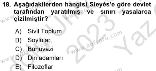 Siyasi Düşünceler Tarihi Dersi 2023 - 2024 Yılı Yaz Okulu Sınavı 18. Soru