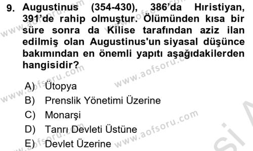 Siyasi Düşünceler Tarihi Dersi 2023 - 2024 Yılı Yaz Okulu Sınavı 9. Soru