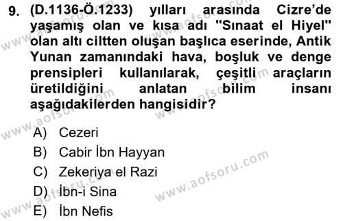 Bilim ve Teknoloji Tarihi Dersi 2017 - 2018 Yılı 3 Ders Sınavı 9. Soru