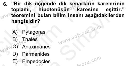 Bilim ve Teknoloji Tarihi Dersi 2018 - 2019 Yılı (Vize) Ara Sınavı 6. Soru