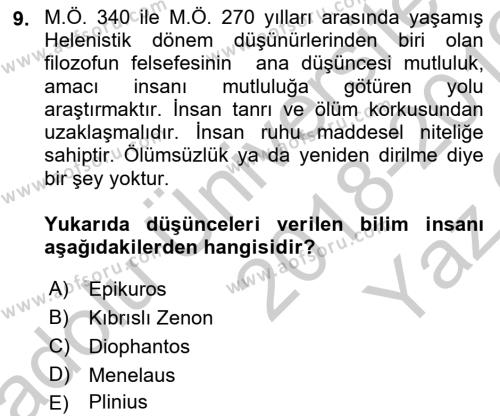 Bilim ve Teknoloji Tarihi Dersi 2018 - 2019 Yılı Yaz Okulu Sınavı 9. Soru