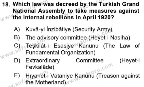 Principles Of Ataturk And The History Of Turkish Revolution 1 Dersi 2018 - 2019 Yılı (Final) Dönem Sonu Sınavı 18. Soru