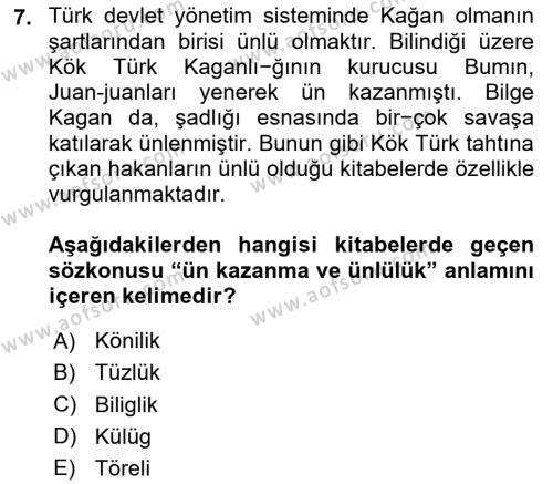 Türk Kültürü Ve Tarihine Giriş Dersi 2023 - 2024 Yılı (Final) Dönem Sonu Sınavı 7. Soru