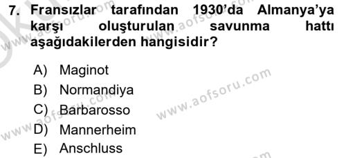 Yakınçağ Avrupa Tarihi Dersi 2020 - 2021 Yılı Yaz Okulu Sınavı 7. Soru