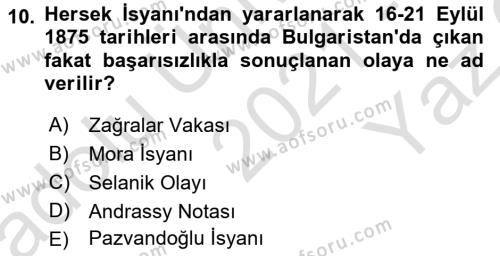 Yakınçağ Avrupa Tarihi Dersi 2021 - 2022 Yılı Yaz Okulu Sınavı 10. Soru