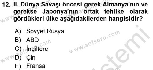 Yakınçağ Avrupa Tarihi Dersi 2021 - 2022 Yılı Yaz Okulu Sınavı 12. Soru