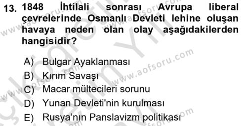 Yakınçağ Avrupa Tarihi Dersi 2021 - 2022 Yılı Yaz Okulu Sınavı 13. Soru