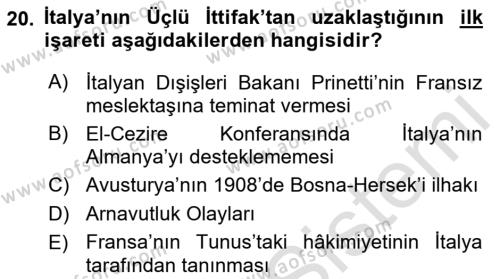 Yakınçağ Avrupa Tarihi Dersi 2021 - 2022 Yılı Yaz Okulu Sınavı 20. Soru