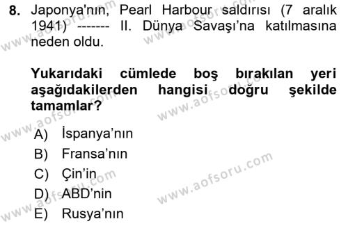 Yakınçağ Avrupa Tarihi Dersi 2021 - 2022 Yılı Yaz Okulu Sınavı 8. Soru