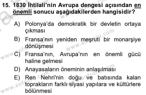 Yakınçağ Avrupa Tarihi Dersi 2022 - 2023 Yılı (Vize) Ara Sınavı 15. Soru