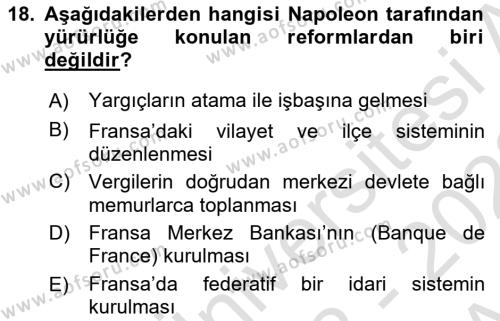 Yakınçağ Avrupa Tarihi Dersi 2022 - 2023 Yılı (Vize) Ara Sınavı 18. Soru