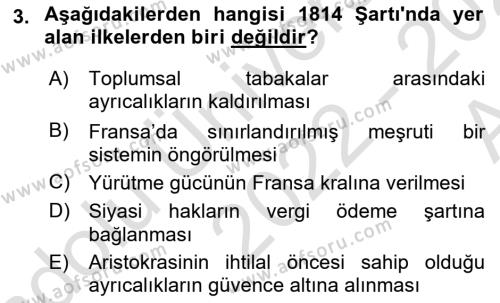 Yakınçağ Avrupa Tarihi Dersi 2022 - 2023 Yılı (Vize) Ara Sınavı 3. Soru