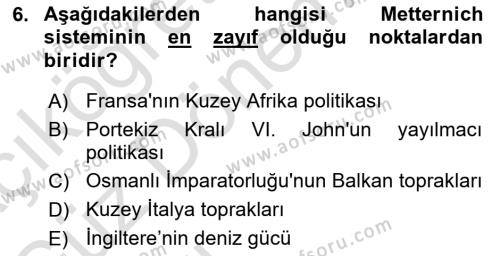 Yakınçağ Avrupa Tarihi Dersi 2022 - 2023 Yılı (Vize) Ara Sınavı 6. Soru