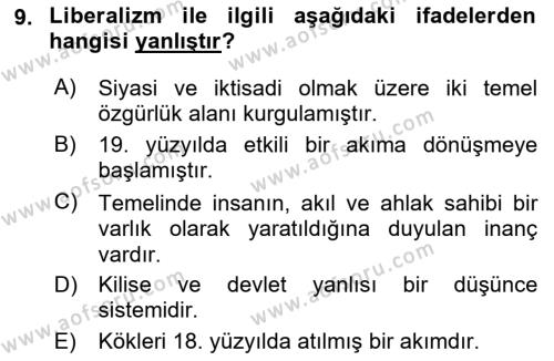 Yakınçağ Avrupa Tarihi Dersi 2022 - 2023 Yılı (Vize) Ara Sınavı 9. Soru