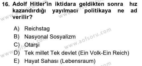 Yakınçağ Avrupa Tarihi Dersi 2022 - 2023 Yılı (Final) Dönem Sonu Sınavı 16. Soru