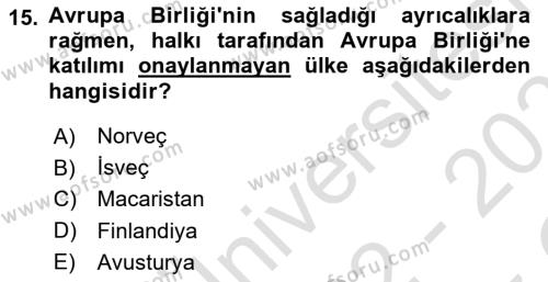 Yakınçağ Avrupa Tarihi Dersi 2022 - 2023 Yılı Yaz Okulu Sınavı 15. Soru