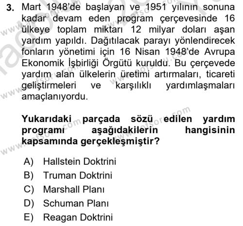 Yakınçağ Avrupa Tarihi Dersi 2022 - 2023 Yılı Yaz Okulu Sınavı 3. Soru