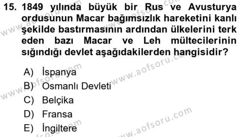 Yakınçağ Avrupa Tarihi Dersi 2023 - 2024 Yılı (Vize) Ara Sınavı 15. Soru