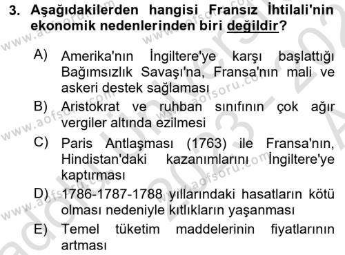 Yakınçağ Avrupa Tarihi Dersi 2023 - 2024 Yılı (Vize) Ara Sınavı 3. Soru