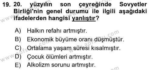 Yakınçağ Avrupa Tarihi Dersi 2023 - 2024 Yılı (Final) Dönem Sonu Sınavı 19. Soru