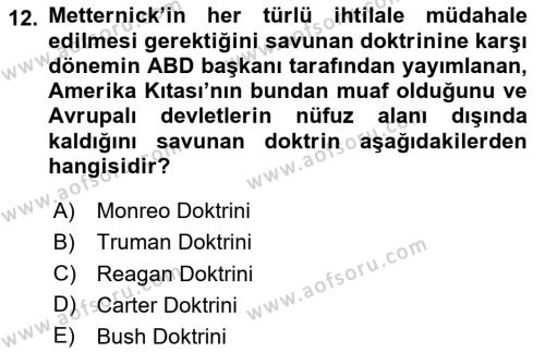 Yakınçağ Avrupa Tarihi Dersi 2024 - 2025 Yılı (Vize) Ara Sınavı 12. Soru