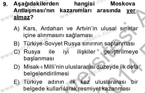 Türkiye Cumhuriyeti Siyasî Tarihi Dersi 2013 - 2014 Yılı (Vize) Ara Sınavı 9. Soru