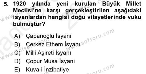 Türkiye Cumhuriyeti Siyasî Tarihi Dersi 2015 - 2016 Yılı (Vize) Ara Sınavı 5. Soru