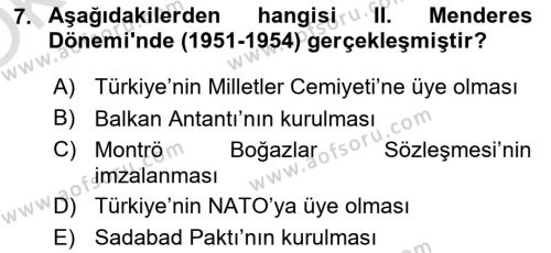 Türkiye Cumhuriyeti Siyasî Tarihi Dersi 2020 - 2021 Yılı Yaz Okulu Sınavı 7. Soru