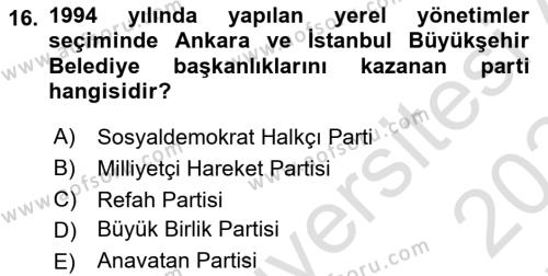 Türkiye Cumhuriyeti Siyasî Tarihi Dersi 2023 - 2024 Yılı (Final) Dönem Sonu Sınavı 16. Soru