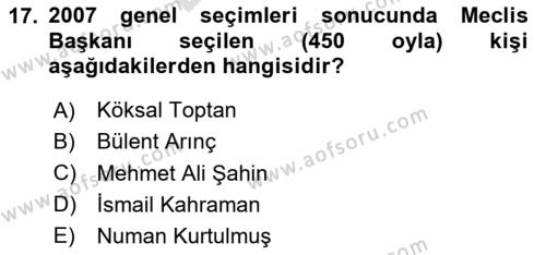 Türkiye Cumhuriyeti Siyasî Tarihi Dersi 2023 - 2024 Yılı (Final) Dönem Sonu Sınavı 17. Soru