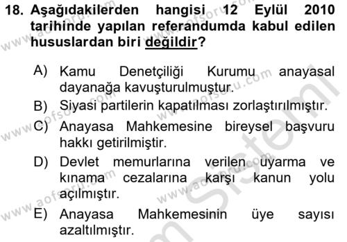 Türkiye Cumhuriyeti Siyasî Tarihi Dersi 2023 - 2024 Yılı (Final) Dönem Sonu Sınavı 18. Soru