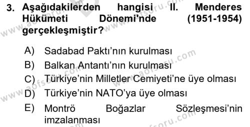 Türkiye Cumhuriyeti Siyasî Tarihi Dersi 2023 - 2024 Yılı (Final) Dönem Sonu Sınavı 3. Soru