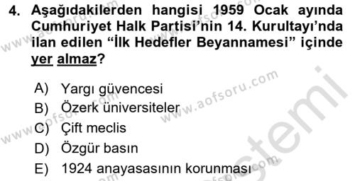 Türkiye Cumhuriyeti Siyasî Tarihi Dersi 2023 - 2024 Yılı (Final) Dönem Sonu Sınavı 4. Soru