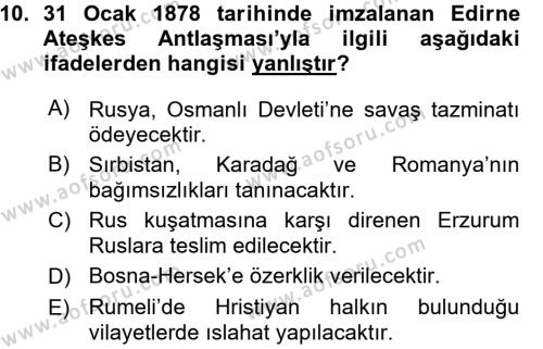 Osmanlı Tarihi (1876–1918) Dersi 2015 - 2016 Yılı (Vize) Ara Sınavı 10. Soru