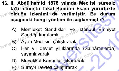 Osmanlı Tarihi (1876–1918) Dersi 2015 - 2016 Yılı (Final) Dönem Sonu Sınavı 16. Soru