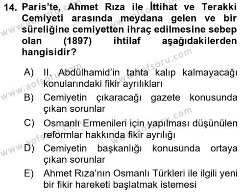 Osmanlı Tarihi (1876–1918) Dersi 2018 - 2019 Yılı (Final) Dönem Sonu Sınavı 14. Soru