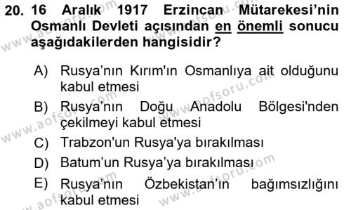 Osmanlı Tarihi (1876–1918) Dersi 2019 - 2020 Yılı (Final) Dönem Sonu Sınavı 20. Soru
