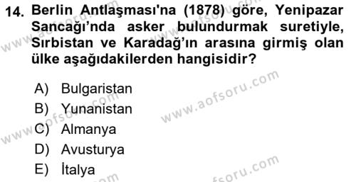 Osmanlı Tarihi (1876–1918) Dersi 2021 - 2022 Yılı (Vize) Ara Sınavı 14. Soru