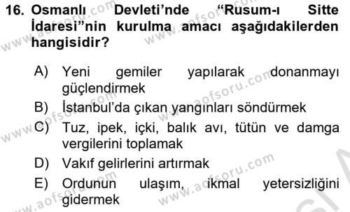 Osmanlı Tarihi (1876–1918) Dersi 2021 - 2022 Yılı (Vize) Ara Sınavı 16. Soru