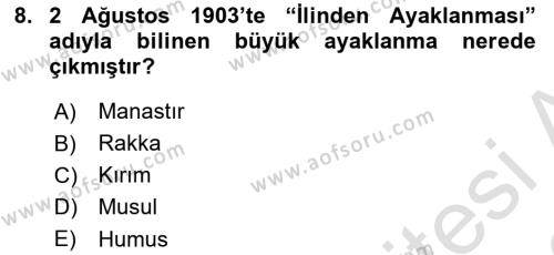 Osmanlı Tarihi (1876–1918) Dersi 2021 - 2022 Yılı (Final) Dönem Sonu Sınavı 8. Soru