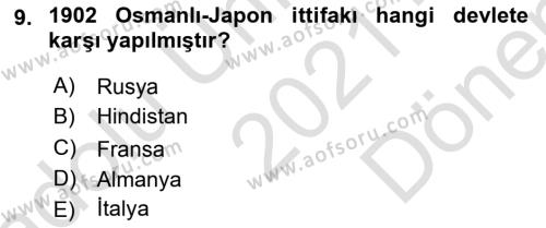 Osmanlı Tarihi (1876–1918) Dersi 2021 - 2022 Yılı (Final) Dönem Sonu Sınavı 9. Soru