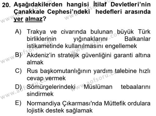 Osmanlı Tarihi (1876–1918) Dersi 2021 - 2022 Yılı Yaz Okulu Sınavı 20. Soru