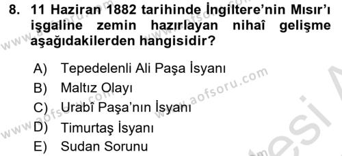 Osmanlı Tarihi (1876–1918) Dersi 2021 - 2022 Yılı Yaz Okulu Sınavı 8. Soru