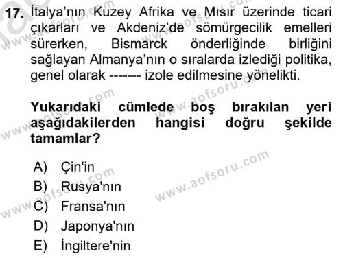 Osmanlı Tarihi (1876–1918) Dersi 2022 - 2023 Yılı (Vize) Ara Sınavı 17. Soru