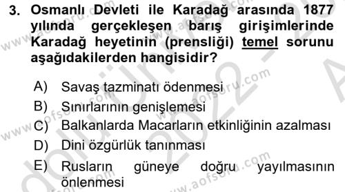 Osmanlı Tarihi (1876–1918) Dersi 2022 - 2023 Yılı (Vize) Ara Sınavı 3. Soru