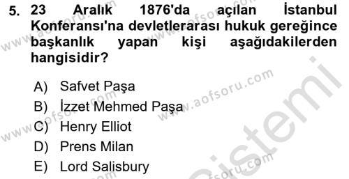 Osmanlı Tarihi (1876–1918) Dersi 2022 - 2023 Yılı (Vize) Ara Sınavı 5. Soru