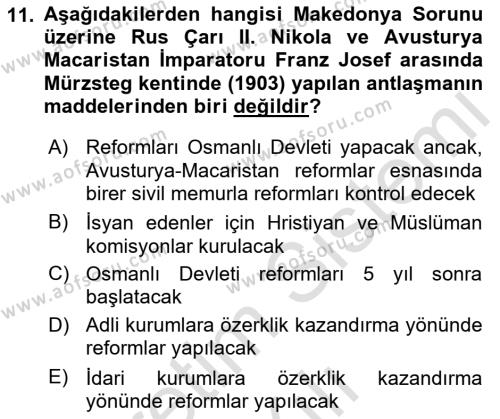 Osmanlı Tarihi (1876–1918) Dersi 2022 - 2023 Yılı Yaz Okulu Sınavı 11. Soru