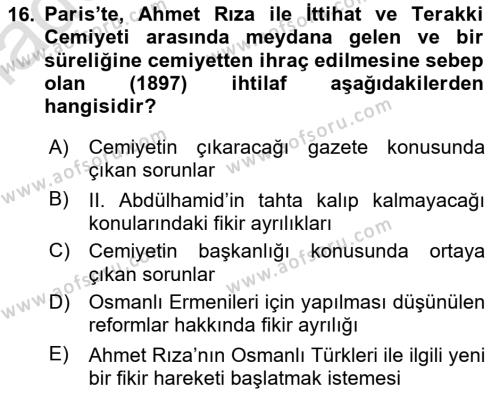 Osmanlı Tarihi (1876–1918) Dersi 2022 - 2023 Yılı Yaz Okulu Sınavı 16. Soru